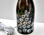 Light Lamp Night Light Recycled Amber Wine Bottle Hand Painted White Flowers