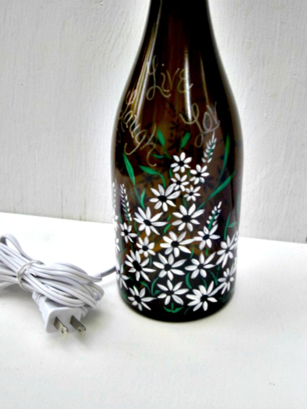 Light Lamp Night Light Recycled Amber Wine Bottle Hand Painted White Flowers