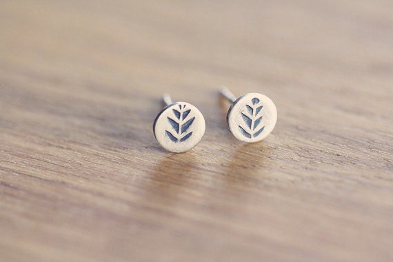 Tiny studs - posts - earrings - sterling silver - leaf - stamped