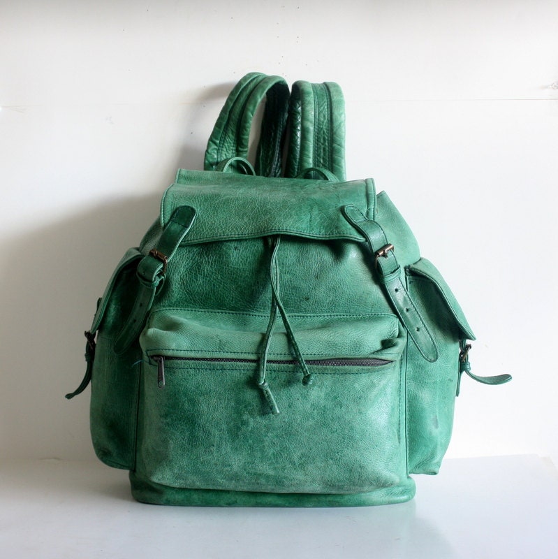 Vintage Turquoise Green Distress Leather Rucksack School Back Pack