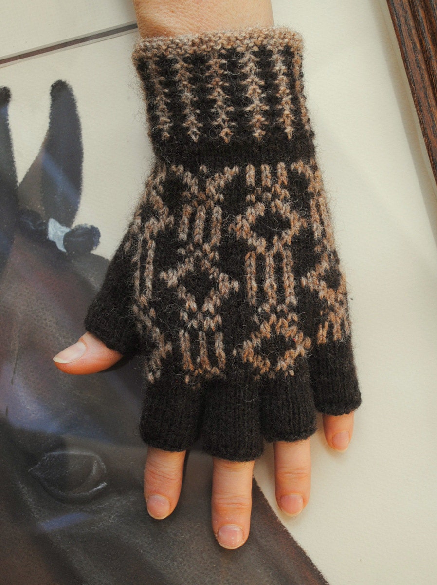 Knitted half finger soft wool gloves. Brown color with ornament. Unisex.
