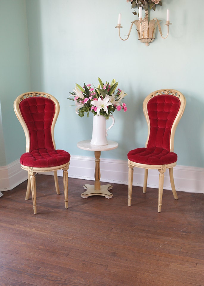 vintage french red velvet tufted chair pair shabby chic painted frame victorian