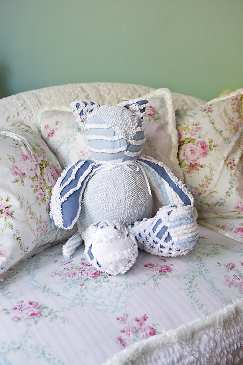 kitty cat shabby chic vintage chenille bedspread blue baby boy stuffed animal toy cottage
