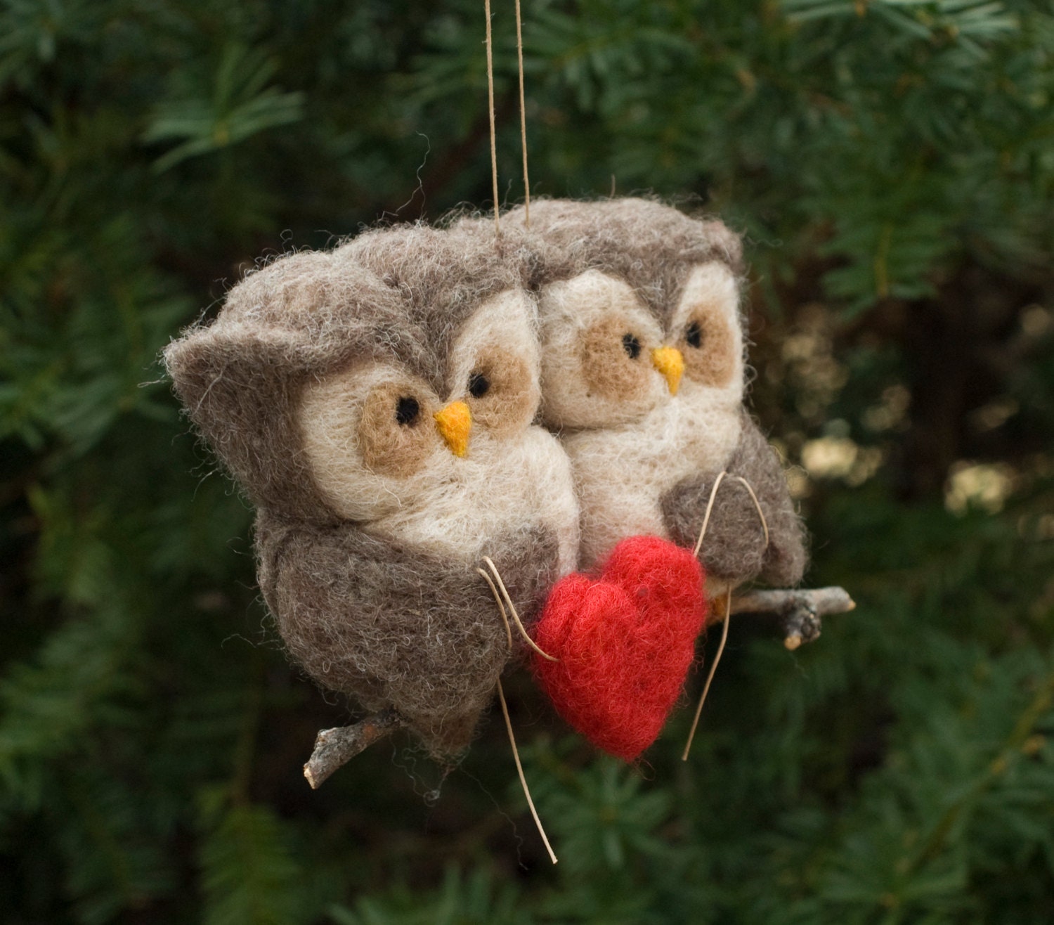 Needle Felted Owl Ornament - Love Birds