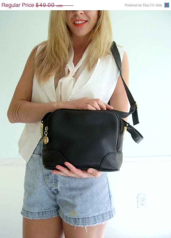 50% OFF. . . Black Vegan Leather Vintage Early 90s Cross Body Shoulder Bag Purse Tote