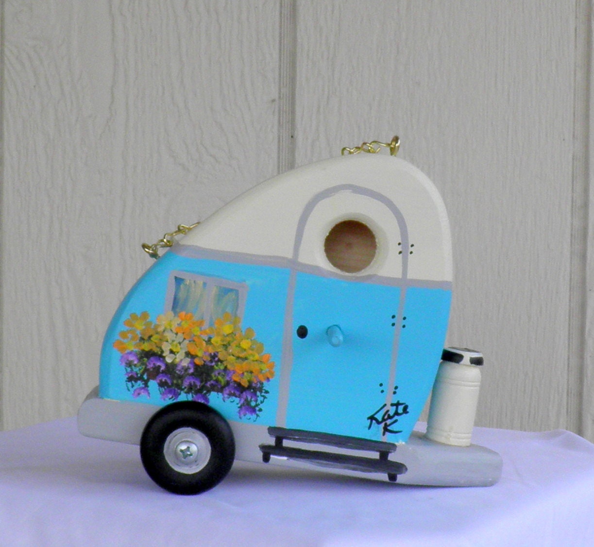Tear Drop Trailer Birdhouse, Handcrafted and Hand Painted Decorative RV