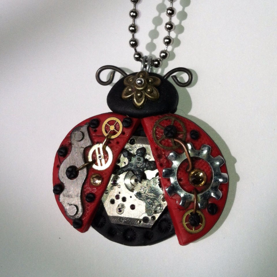 Steampunk Lucky Red Ladybug Necklace Polymer Clay Jewelry