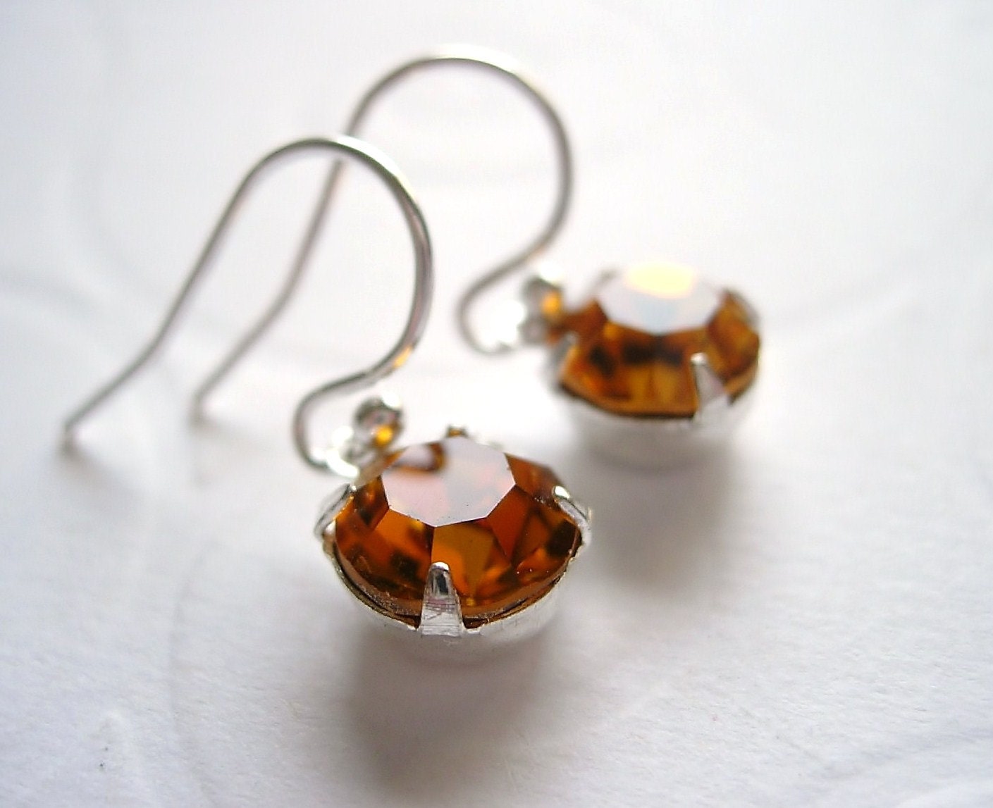 Golden Topaz Vintage Style Glass Rhinestone Earrings, Sterling Silver Earwires, Round, Simple, Brown, Amber, Bridesmaid, Sparkly
