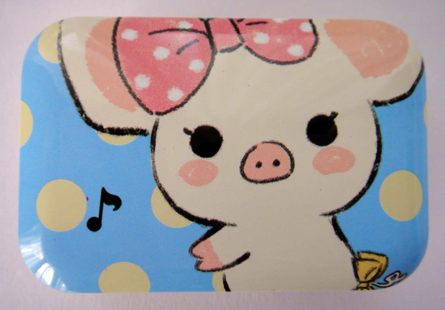 Cute Ribbon Bow Pig Blue Polka Dot Gift Tin With Music Notes