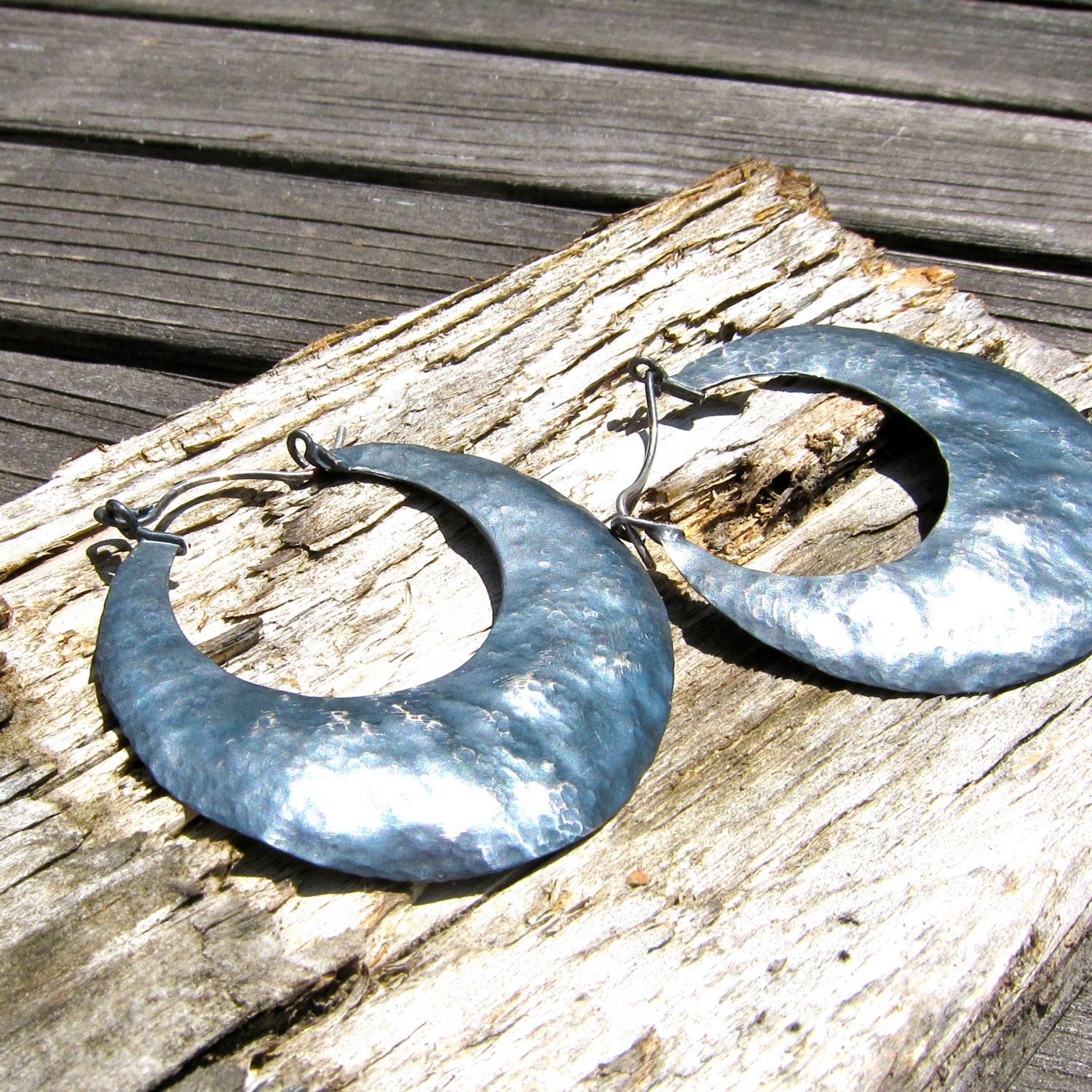 Hammered, Sterling Silver, Oxidized Crescent Hoops