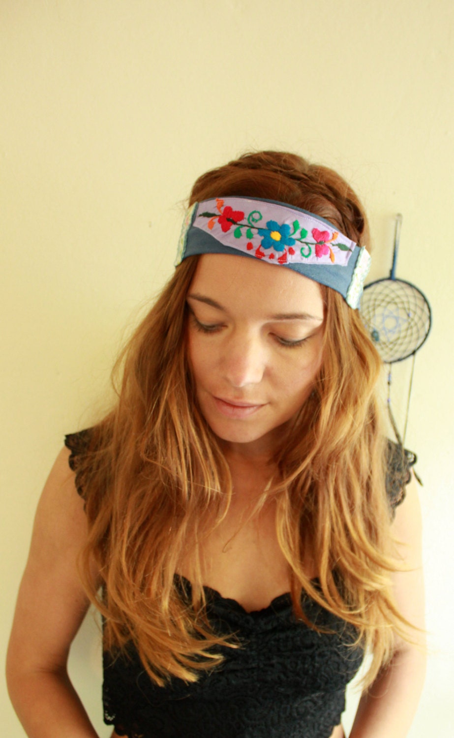 Blue/Lilac Purple Bohemian Hippie Mexican Embroidered Colorful Floral Headband Wrap Upcycled Recycled