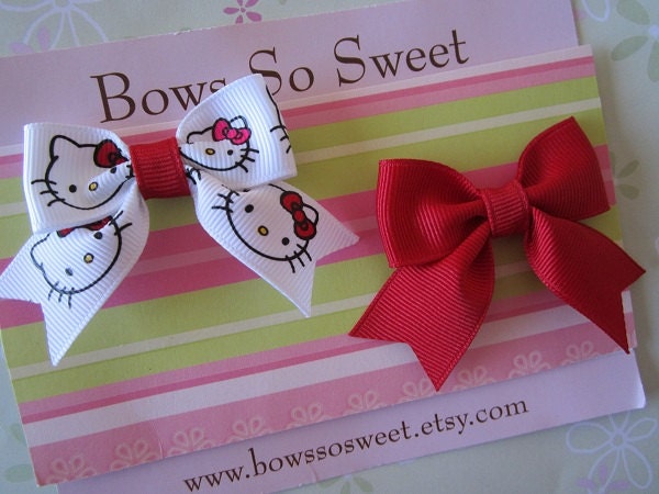 Hello Kitty Small Baby Girls Hair Bow Set......Summer Hair Bow Set...Girls Hair Clips...Red Hair Bows