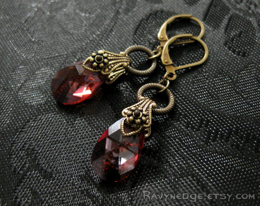 Passion's Paramour - Red Magma Swarovski and Brass Filigree Earrings