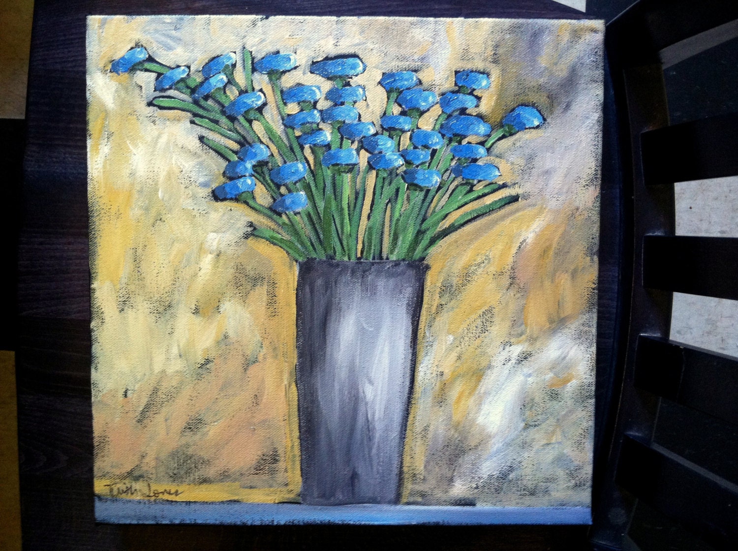 Blue Bucket of Flowers Original Still Life Painting