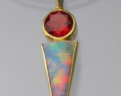 Black Opal and Red Beryl 14k Gold Pendant