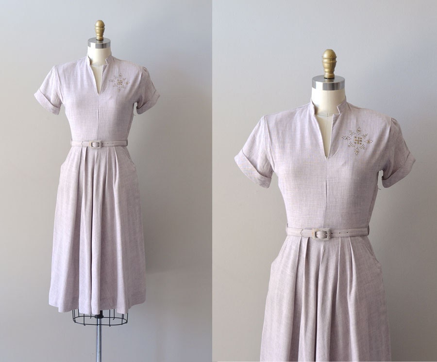 vintage 1940s dress / linen 40s dress / Compass Point dress