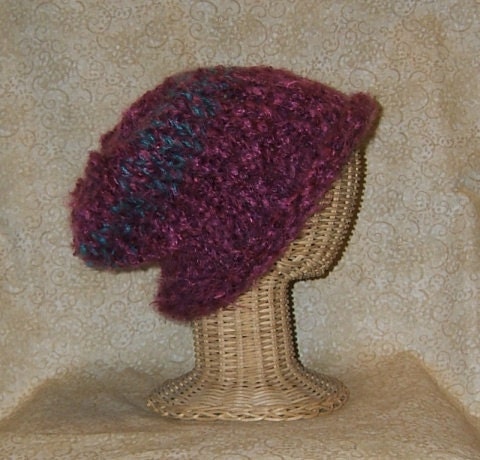 Knit Hat Raspberry Mohair Teal Stripe Hand Made Womens Girls Teen Curled Brim Upcycled yarns