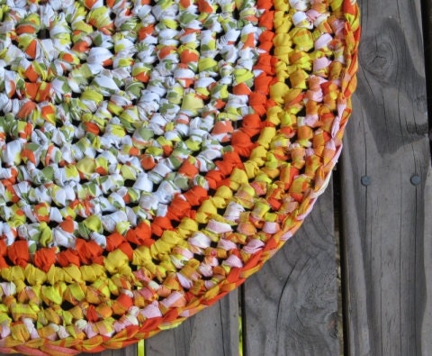 Yellow Sunshine Rag Rug All Cotton Hand made Crocheted Upcycled Materials OOAK