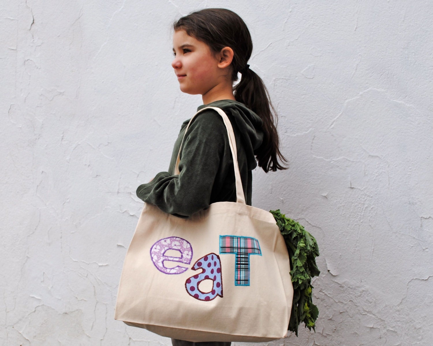 Organic Tote Bag for the Market in Purple / Eco Friendly Summer Food Bag with Vintage Fabric Letters (ONLY 1 - ready to ship)