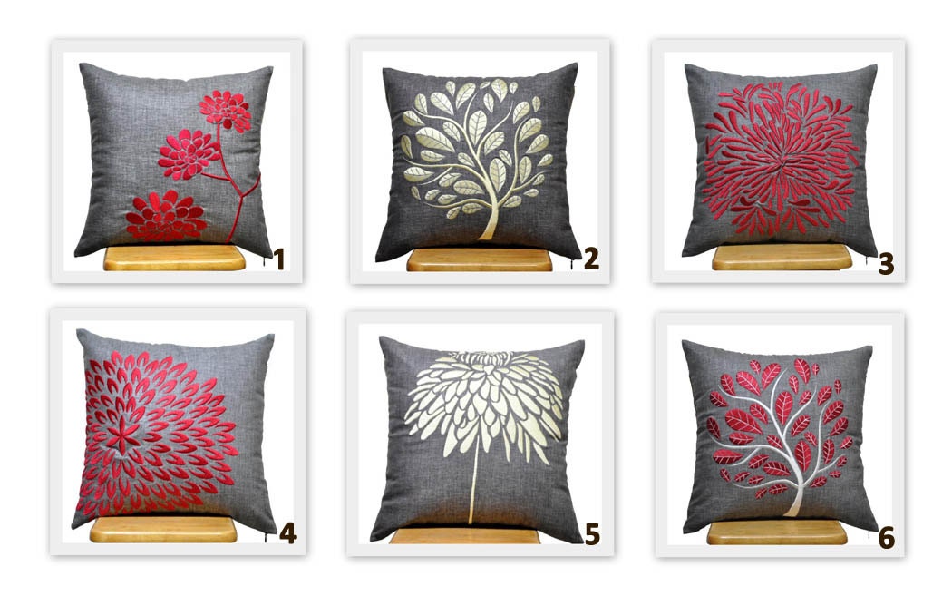 Ash Grey Pillow Cover, Set of 2 Decorative Throw Pillow Cover 18 x 18, Ash Grey Linen Floral Embroidery, CHOOSE YOUR DESIGN