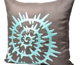 Sea Shell Pillow Cover, Taupe Brown Linen Turquoise Sea Shell Embroidery, Decorative Pillow Cover 18x18, Cottage Decor,Nautical Couch pillow