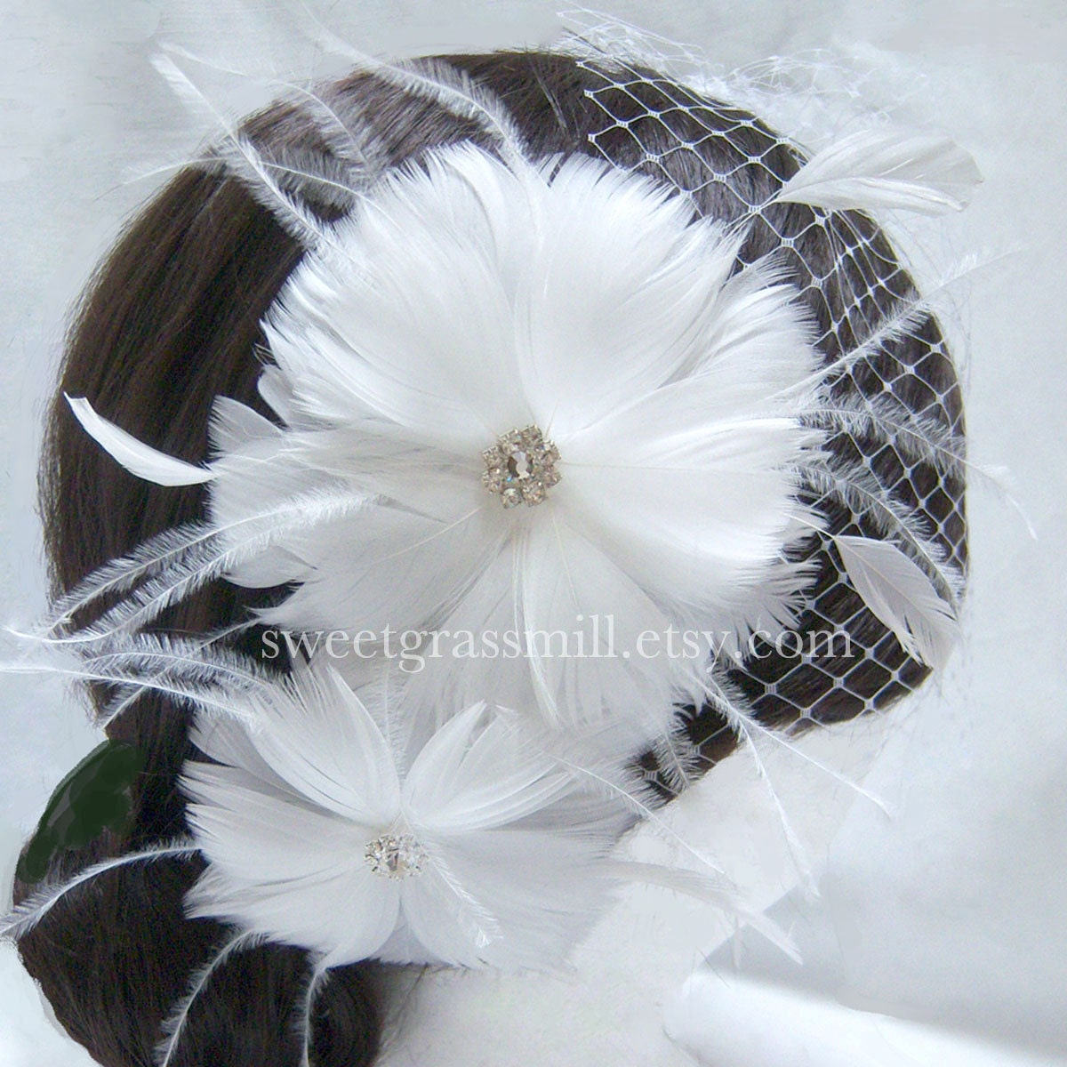 Fascinator Veil Set - AURORE - Double White Wedding Ostrich Feather Headpiece Petit Birdcage Veil Set