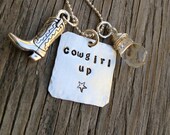 Cowgirl up- neckace with sterling silver hand stamped charm with quartz drop and cowboy boot charm