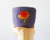 felted bowl - lavender purple wool bowl with mustard and red bird - catch all container, desk organizer