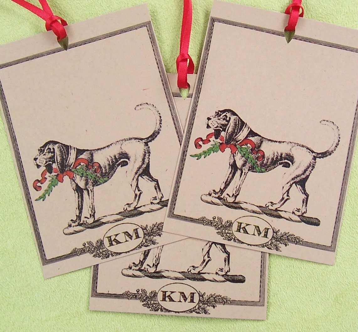 Personalized Christmas Gift Tags Dog Monogrammed Vintage Inspired Kraft Brown Paper Goods Holiday Set 18 Green Red