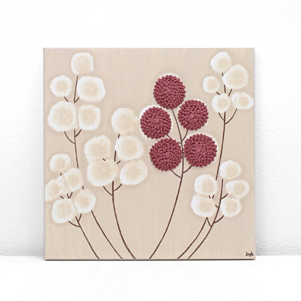 Original Painting of Flowers - Khaki and Red Textured Acrylic Wildflowers - Small Canvas Art 10X10 - MADE TO ORDER