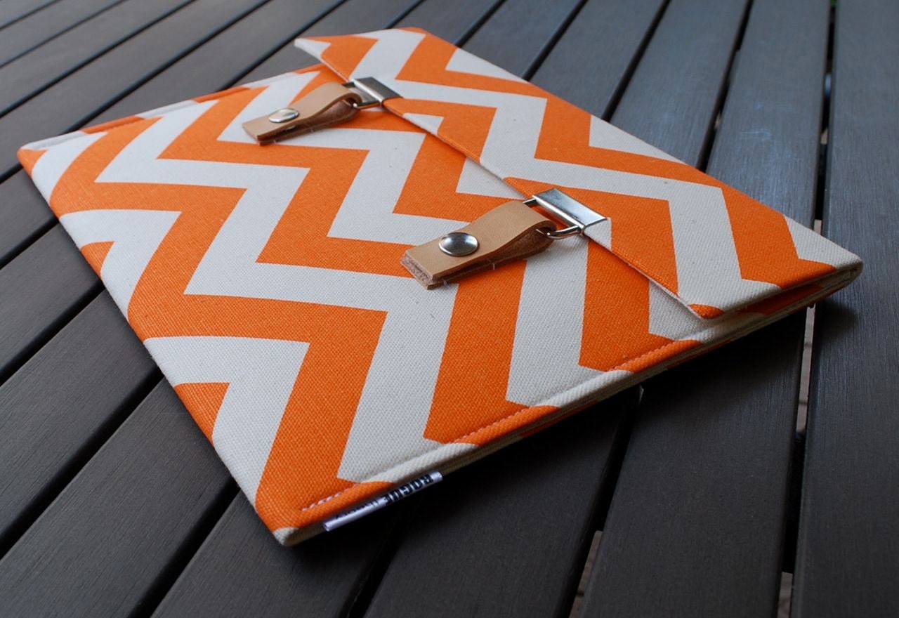 iPad Case / iPad Cover / Padded iPad Case / iPad Case with Leather Strap - Chevron Mandarin Natural