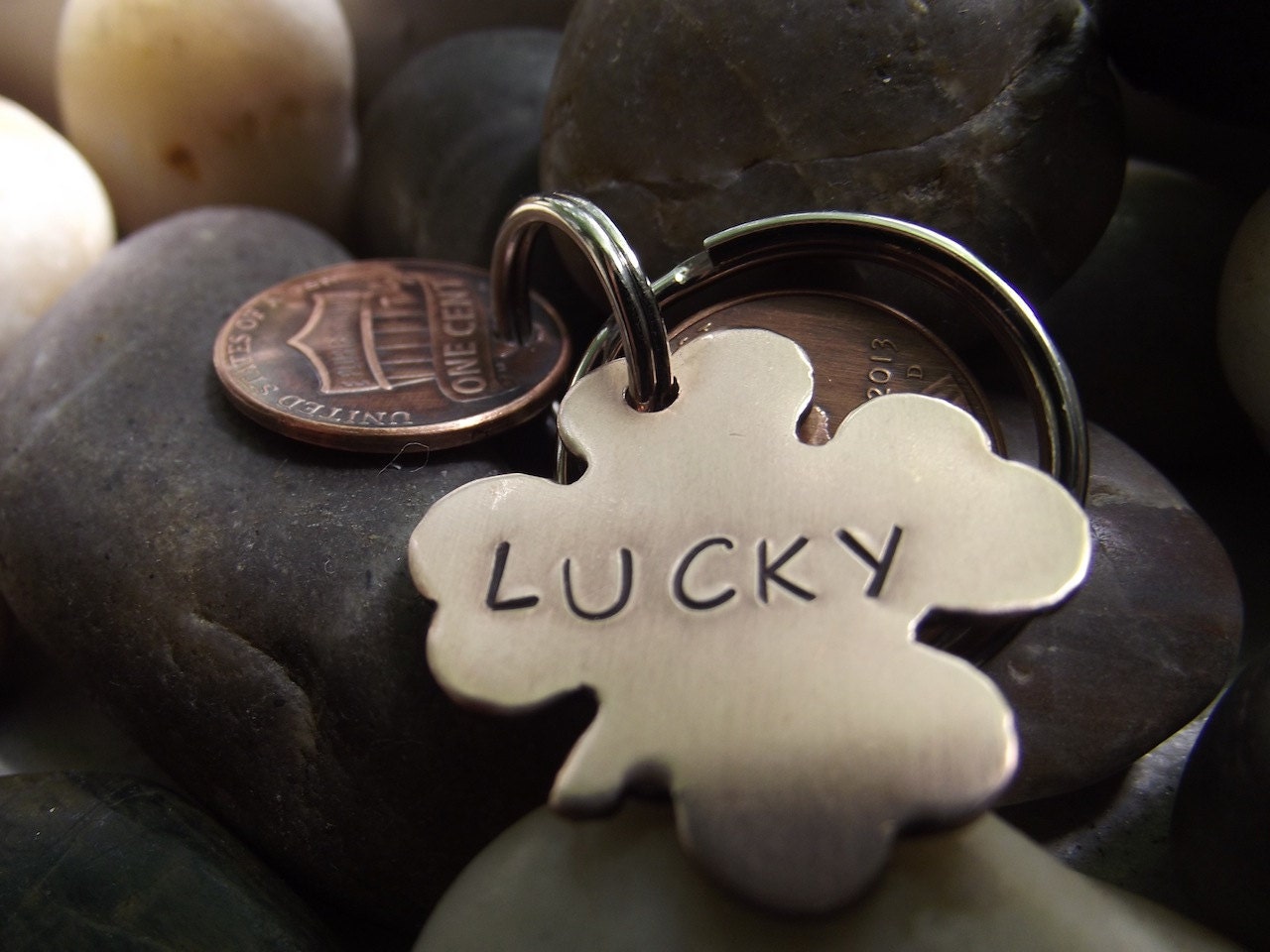 Four Leaf Clover Version,  Lucky Us Copper Keychain with three lucky pennies