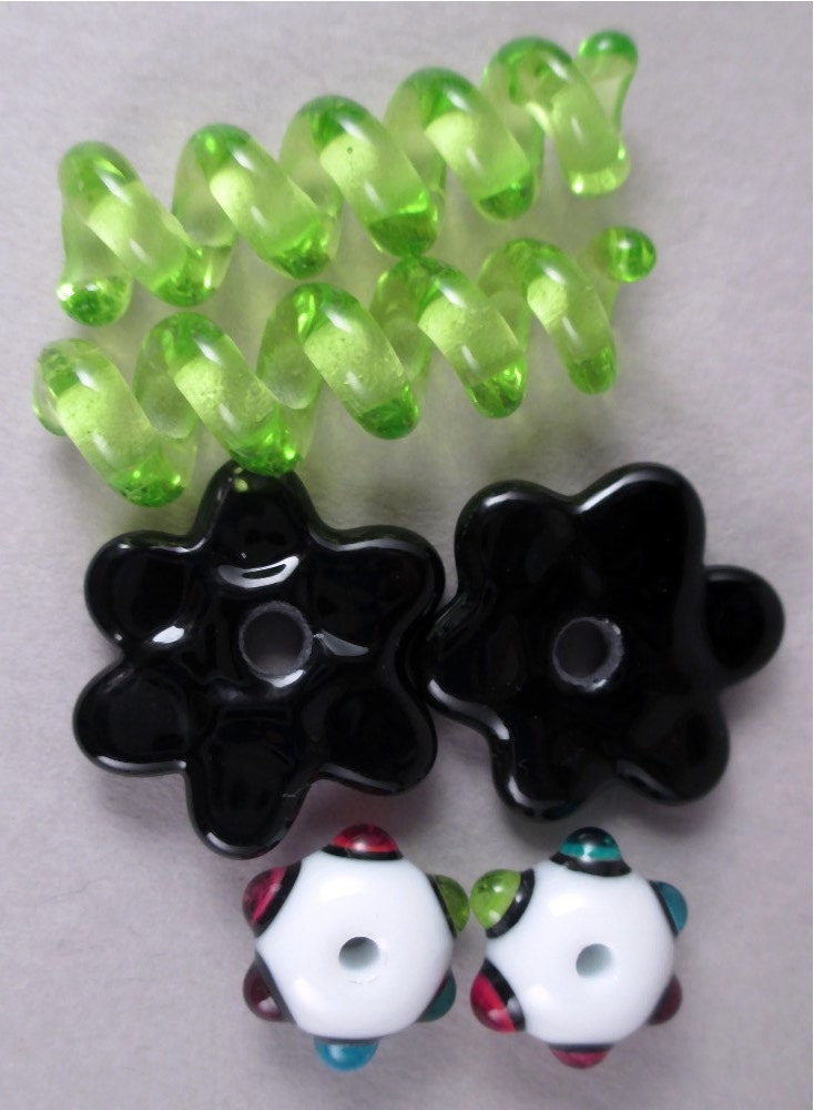 Whimsy Pairs of Handmade Lampwork Art Glass Beads by Patti Cahill, sra -- Lime and Black Rainbow