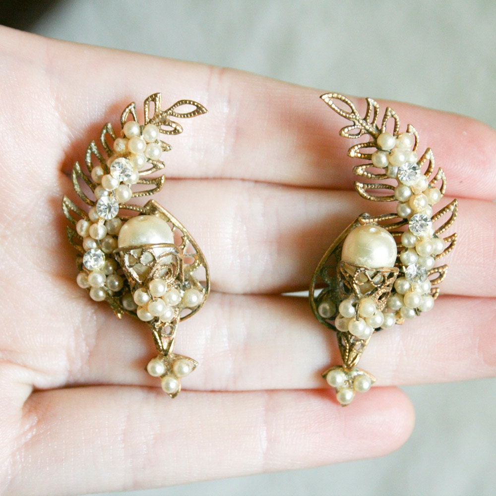 RESERVED FOR V Gold Leaf and Pearl Greek Goddess Earrings