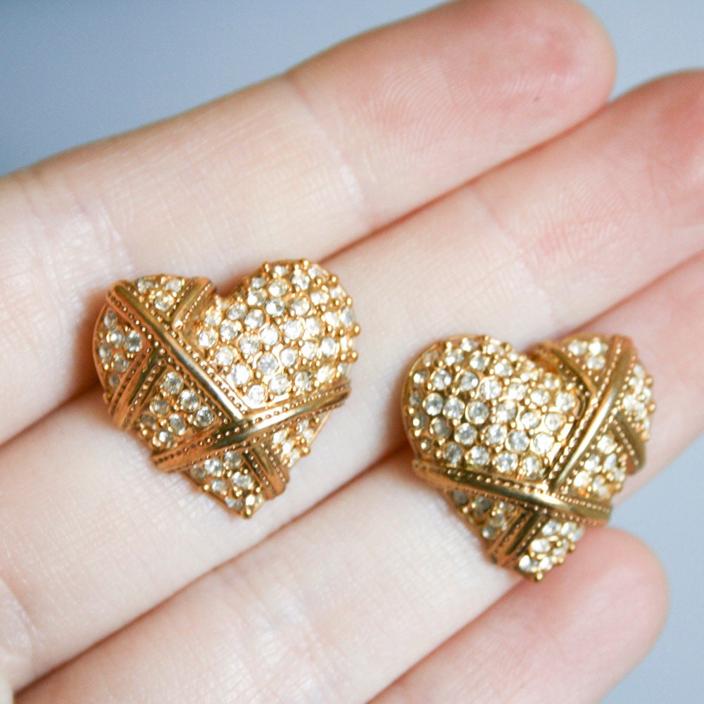 Signed Garnay 80s Rhinestone Heart Earrings