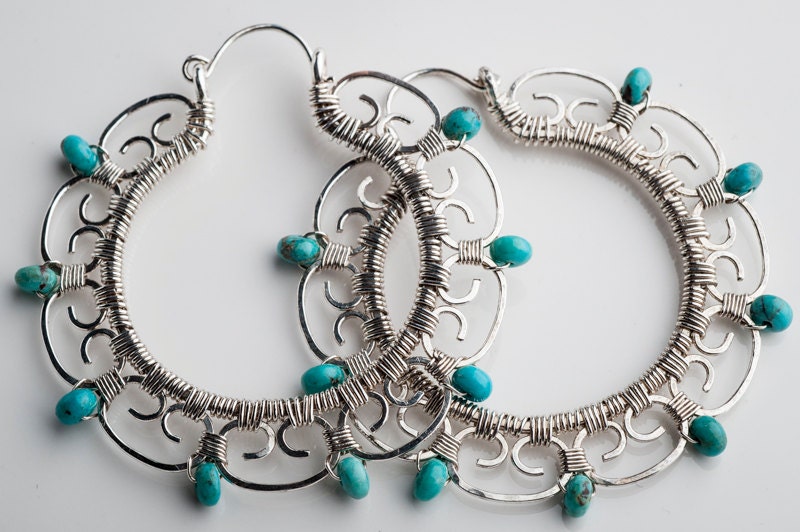 Large Filigree Hoop Earrings in Sterling Silver with Turquoise: Leela - Made to Order