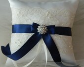 Wedding Ring Bearer Pillow Navy Blue And Ivory Satin And Lace Ringbearer Pillow