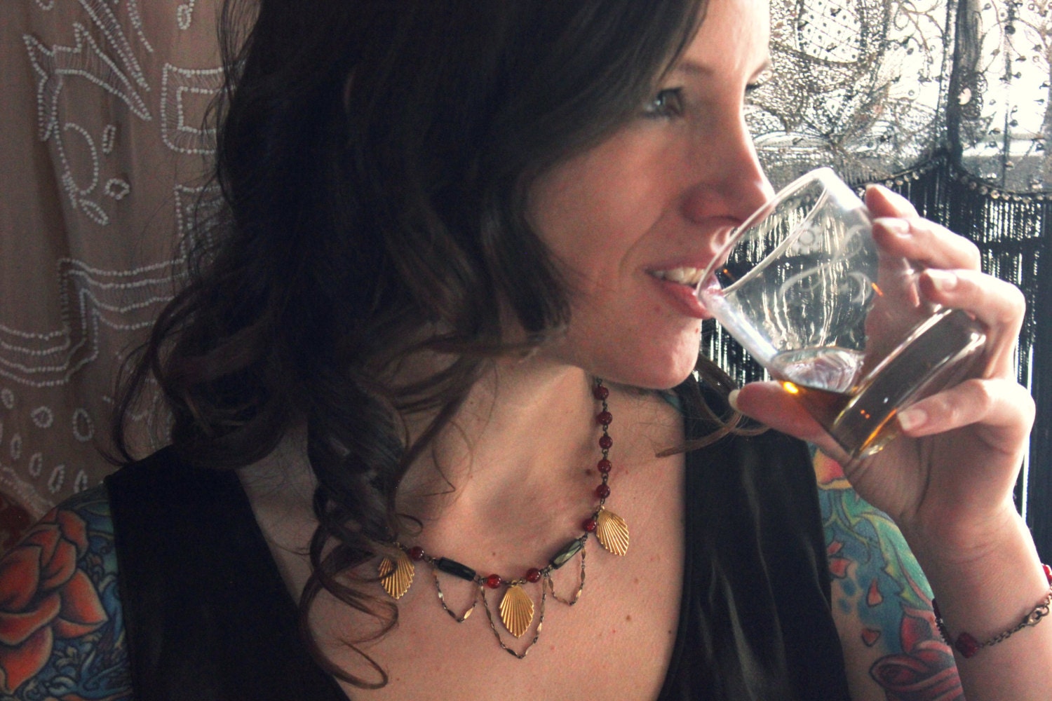 Grenadine and Gold. Vintage Brass and Carnelian Necklace.