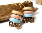 Ceramic and Brass Earrings, Elaine Ray Ceramic Washers and Coiled Antiqued Brass, Rustic Earrings, Boho Fashion