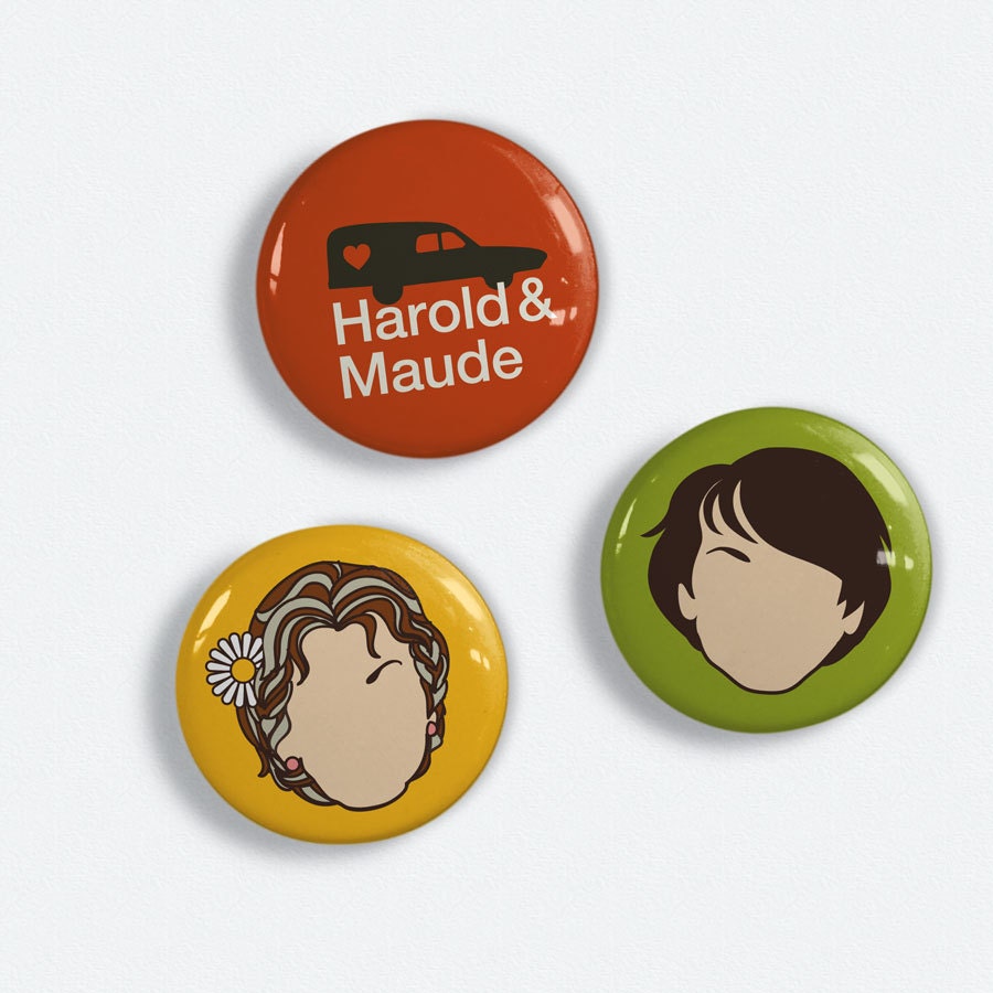 Harold and Maude Illustrated Faces 1 inch button set of 3