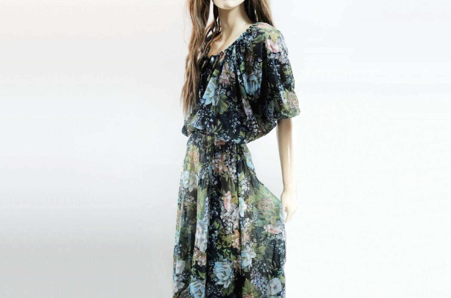 Vintage Floral Dress 1980s Dolman Peasant Dress
