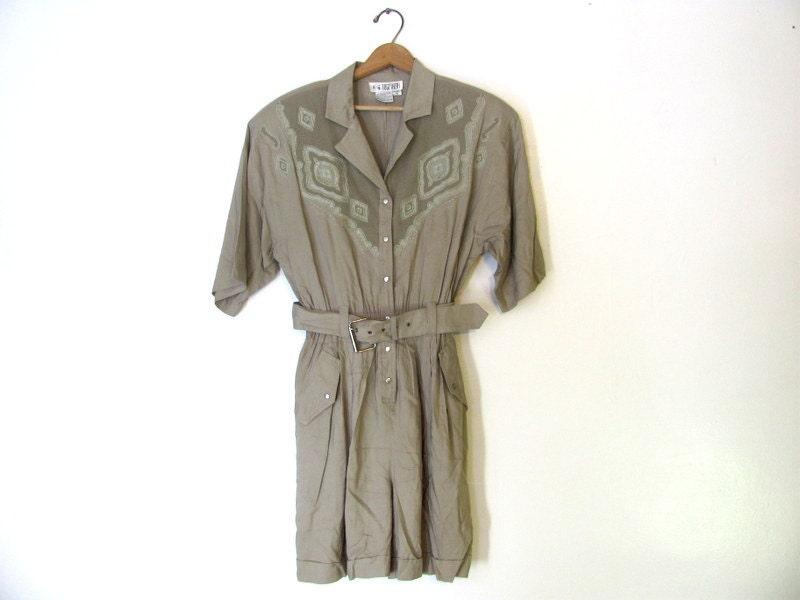 Vintage 80s taupe one piece jumper - romper with shorts // women's size 10