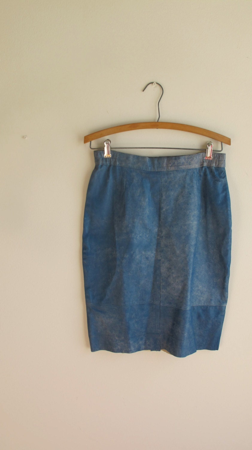 Vintage Stone Washed 80s Blue Leather Skirt  Extra Small