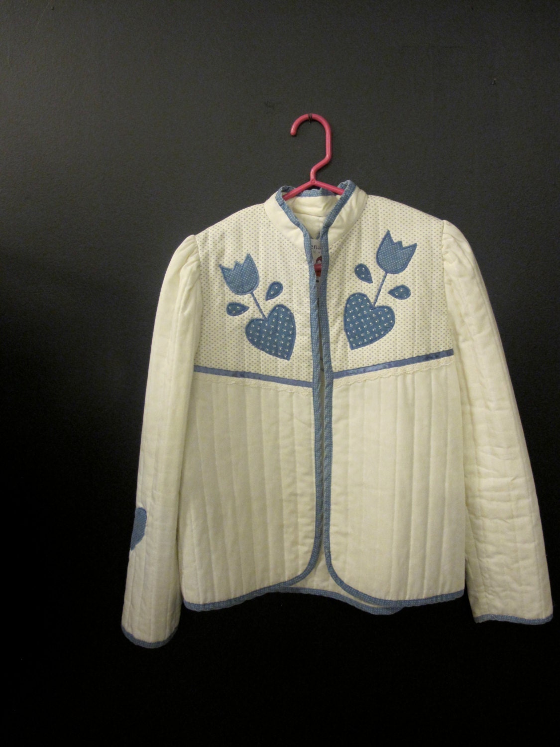 Sweet Vintage Cream and Blue Quilted Jacet with Tulips and Flowers
