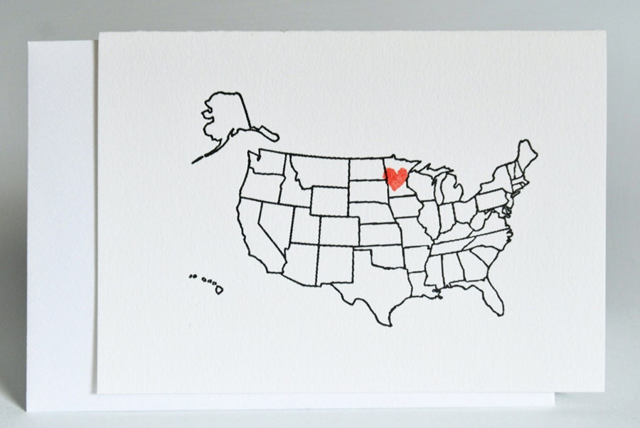 8 Custom Letterpress US MAP Note Cards