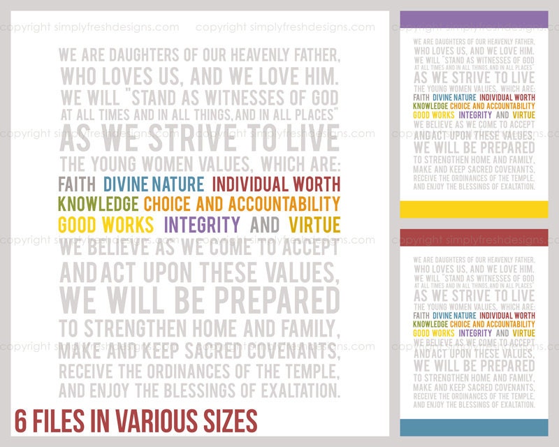 LDS YW Theme Values Colors - Subway Art - Instant Download