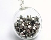 Midnight Sparkle Collection - Charcoal Black Marcasite Gray Glass Shake Diamond Like Pendant Round Flat Hand Blown Clear Filled Necklace