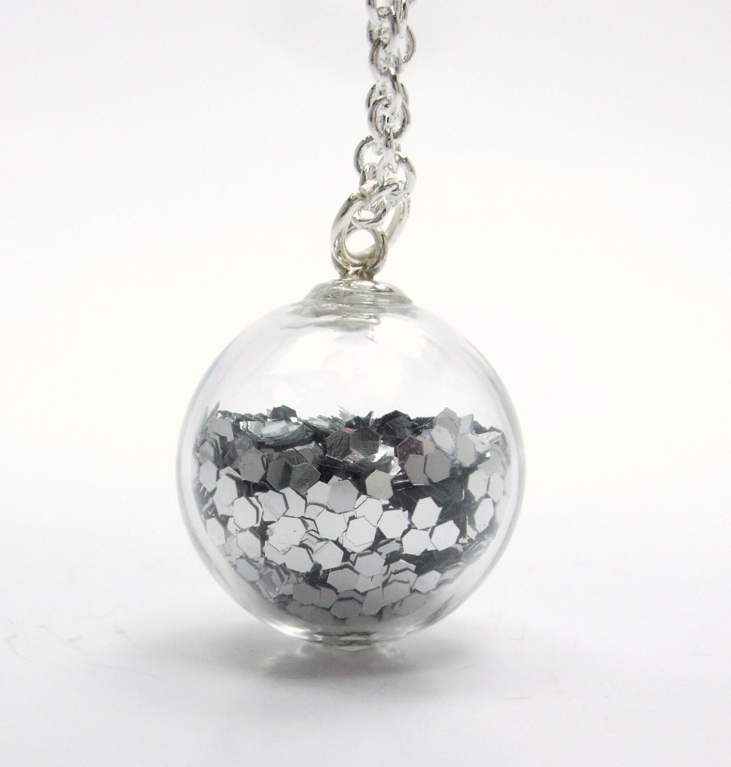 Small Bubble Collection - Silver Glitter Glitz Round Orb Globe Hand Blown Glass Bubble Pendant Necklace 