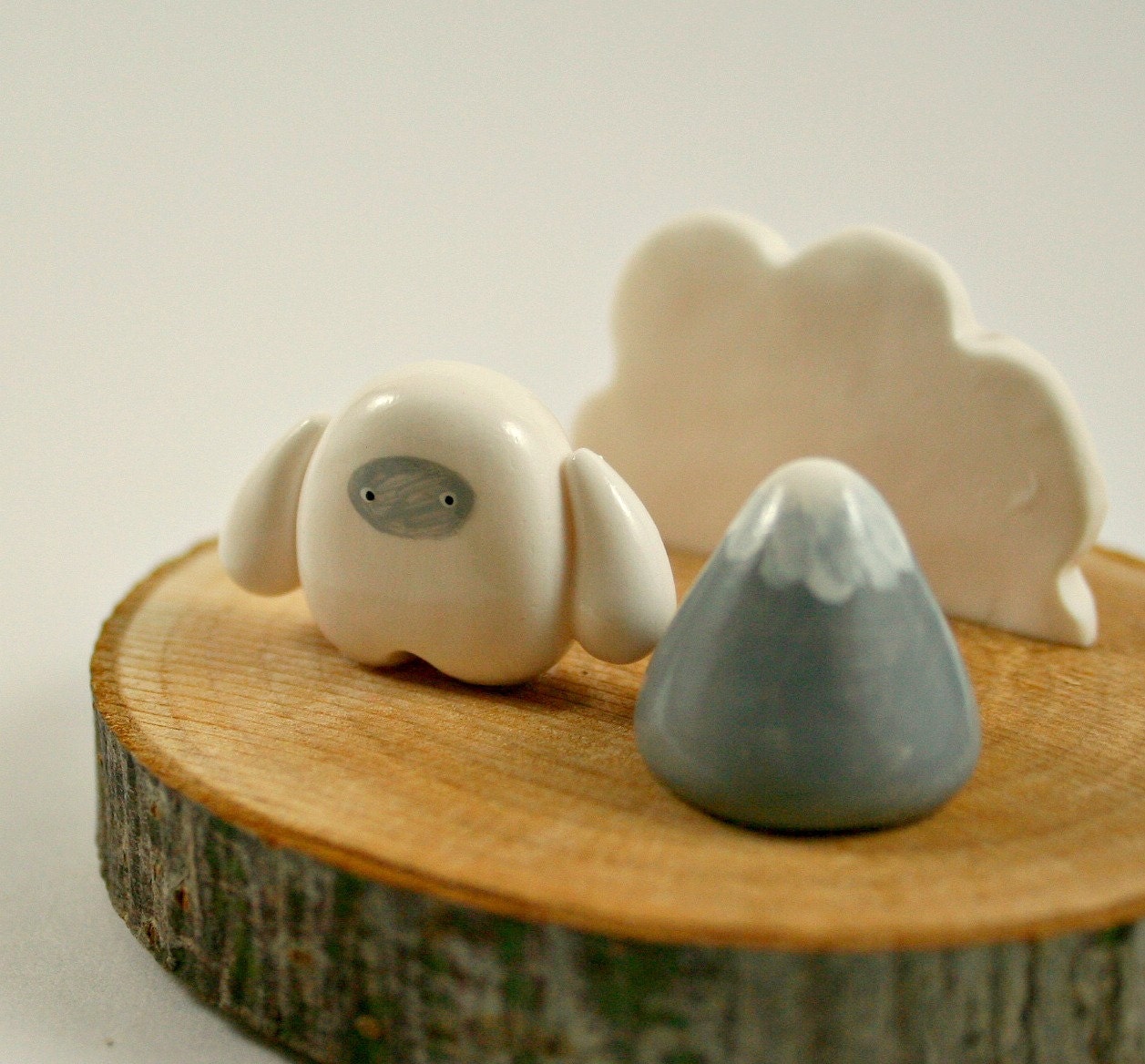 Tree Slice Business Card Holder - Little Yeti And Mountain - Miniature Polymer Clay Animal