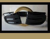 Vamp--Donna Karan Black Patent Leather Cinch Belt/Big Round Brass Buckle/Vintage Accessories,Women